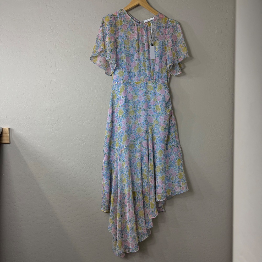 ASTR The Label Blue Pink Floral Asymmetrical Midi Dress Flutter Sleeve NWT sz L